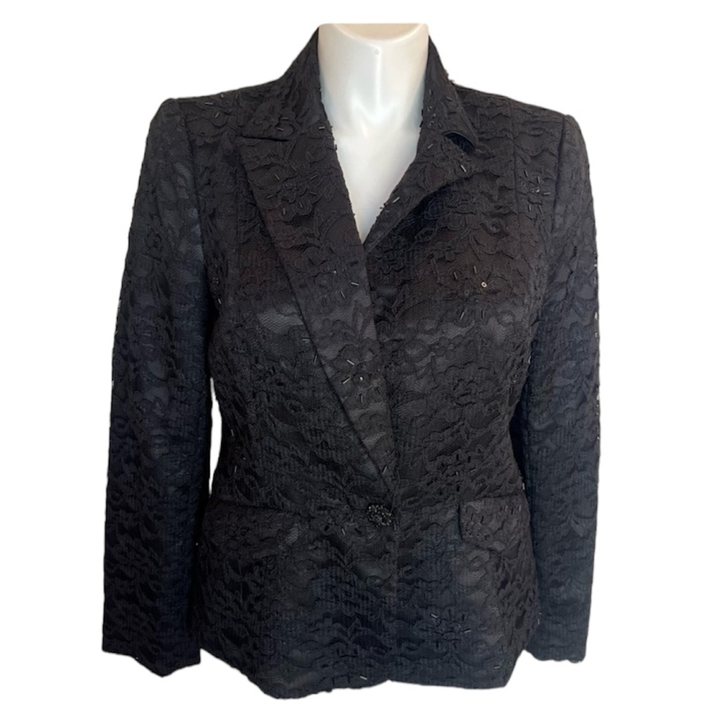 Vintage Z Studio Beaded & Lace Embroidered TUXEDO BLAZER Size 16 Black